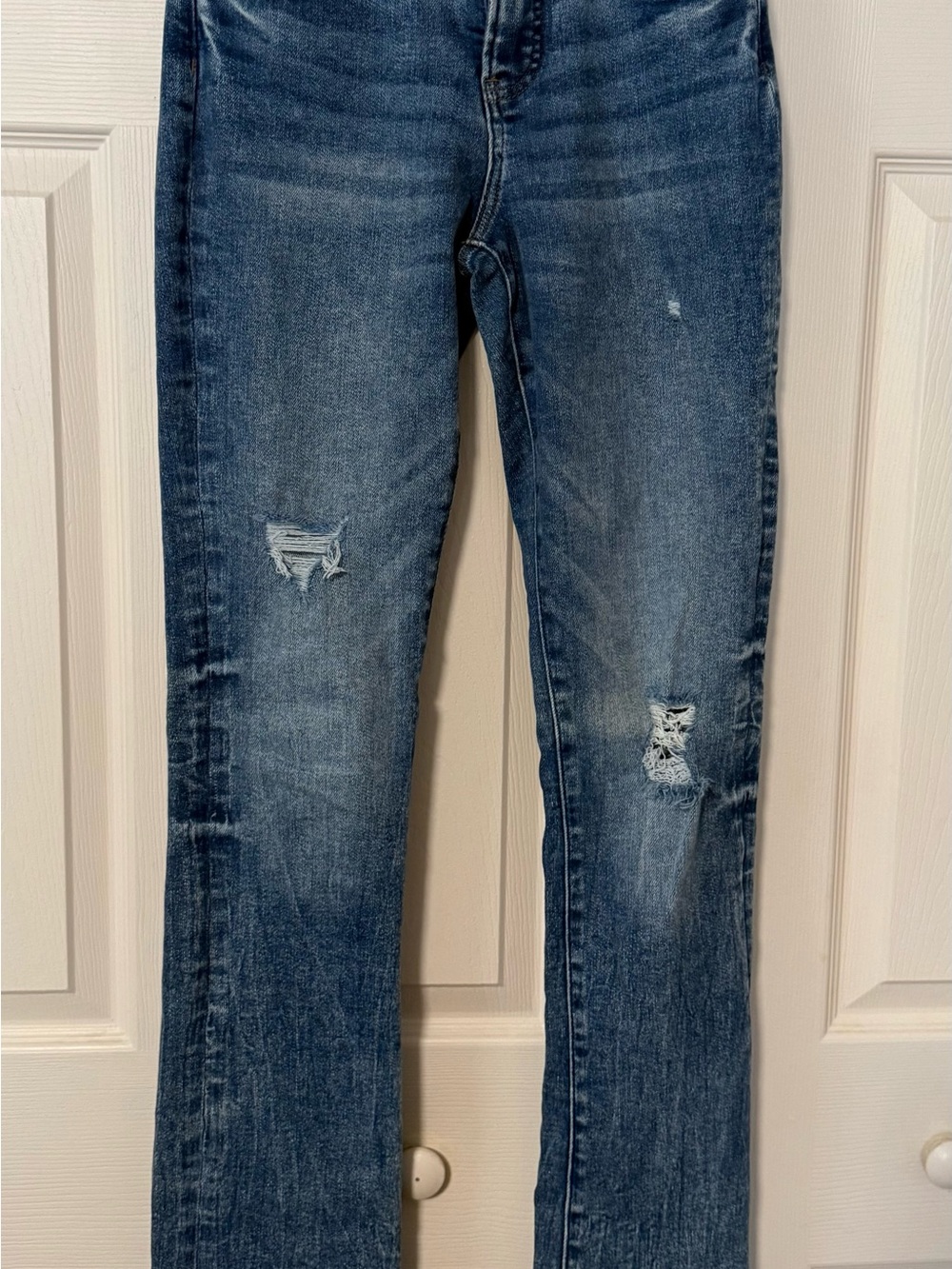 Express Women's Flare Jeans in Dark Blue with Distressed Knees